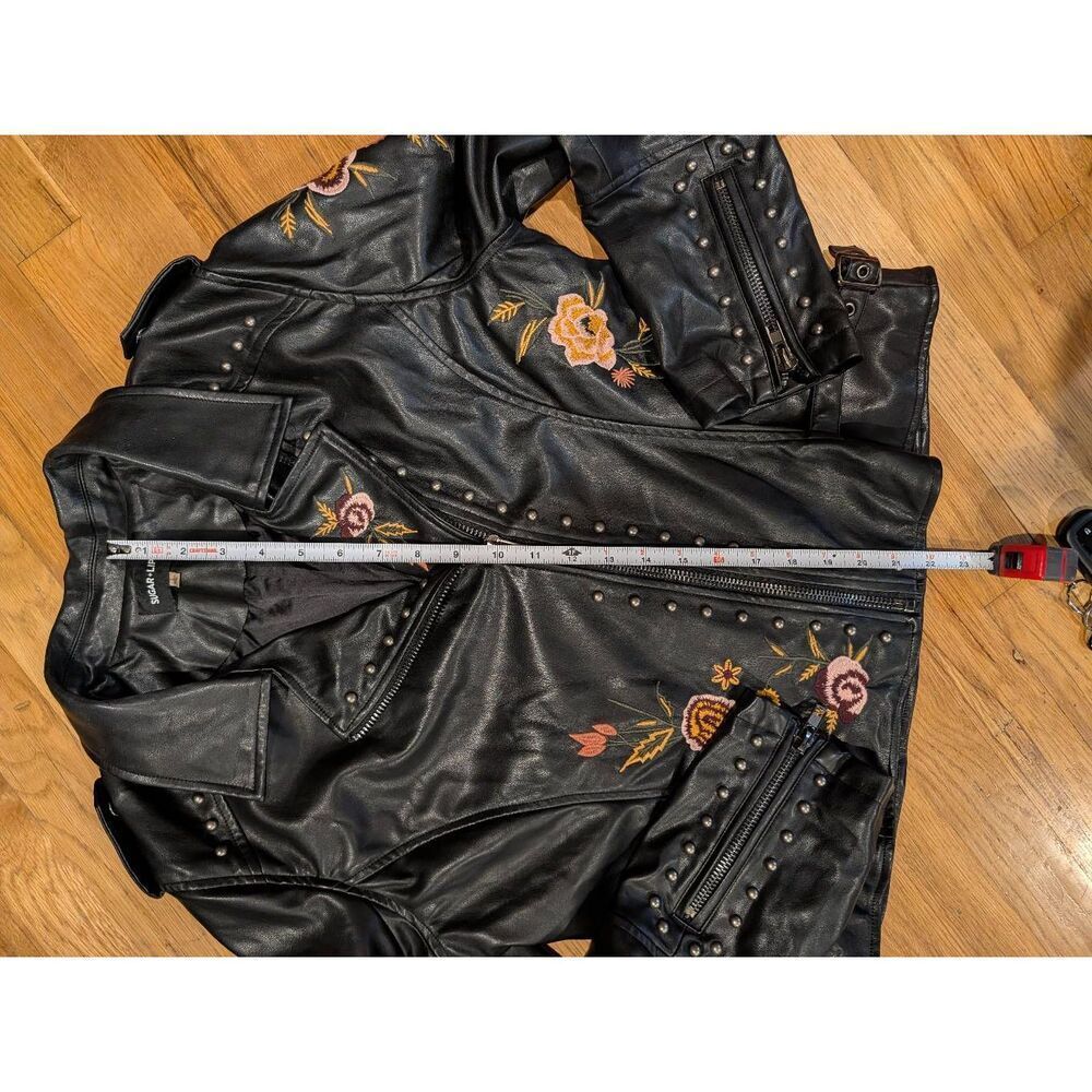 Embroidered Studded Moto Faux Leather Jacket Women's Large Sugarlips - Picture 13 of 16